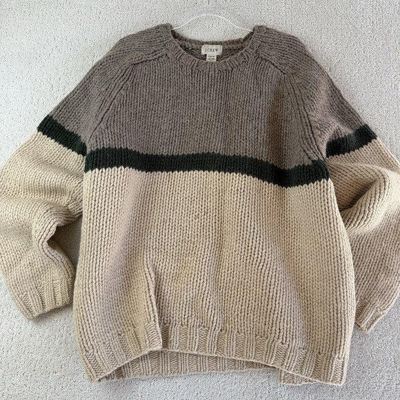 Vintage J.Crew Hand Knit Wool Sweater Men's XLT Colorblock Beige Brown $228